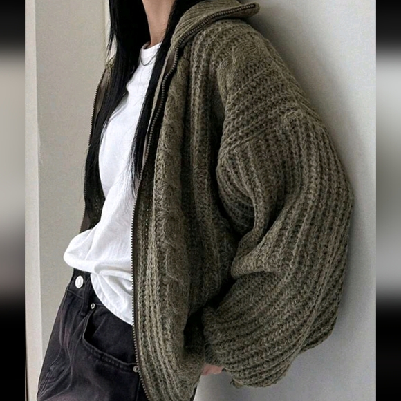 Drop Shoulder Zipper Front Cardigan - Picture 2 of 5